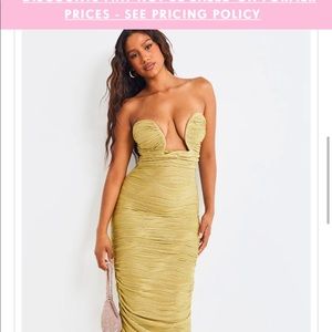 Sage Green Textured Extreme V Bar Ruched Midaxi Dress